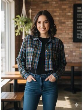 Savage X Fenty Cropped Plaid Button-Up Shirt Pocket Patch XL